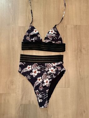 SHEIN Black Floral High-Waist Bikini Set